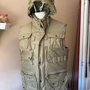 Polo Ralph Lauren M Olive Oilskin Oilcloth Down Vest Fly Fishing Hunting Hooded